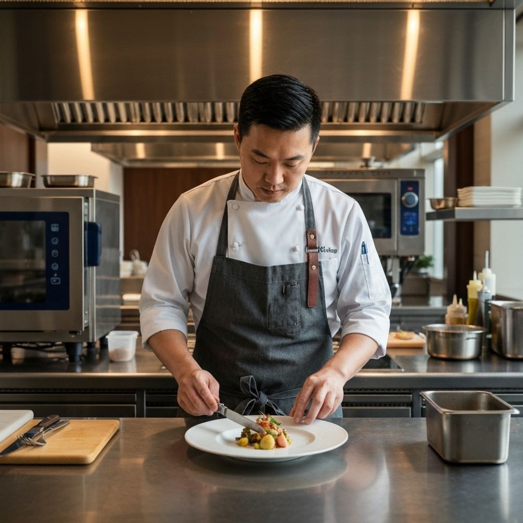 Chef ejecutivo preparando platos gourmet en cocina profesional del restaurante Lumière