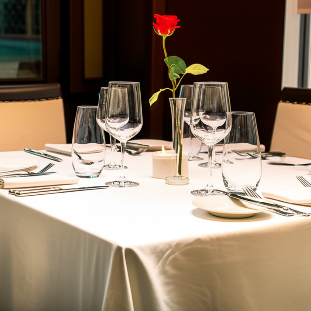 Mesa elegantemente decorada lista para cena gourmet